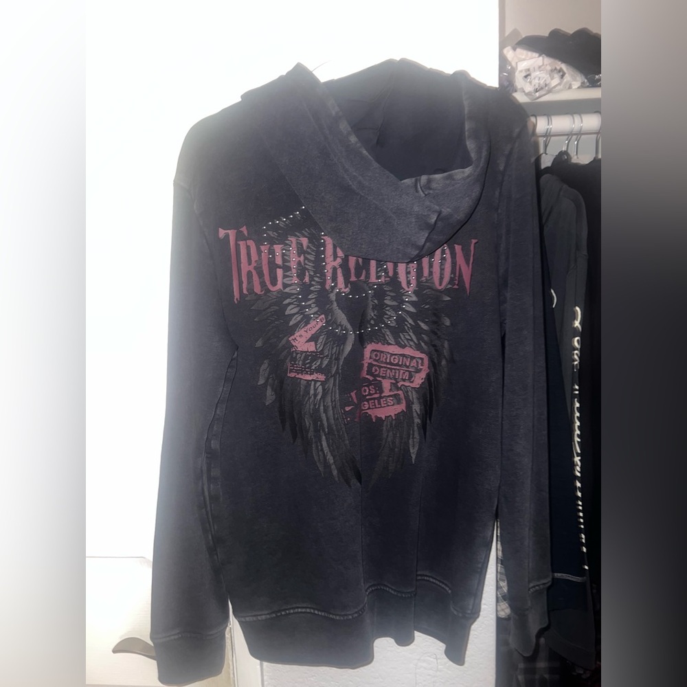 True Religion Acid Wash Studded Red Wings Zip Up Hoodie NWOT SIZE SMALL